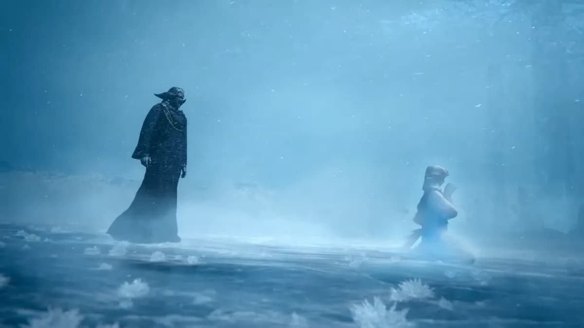 雪原を歩く2人